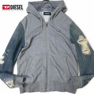 美品/L相当●DIESEL ディーゼル デニム切替 パーカー Gジージャン ジャケット ジップアップ フード インディゴ ダメージ加工 ロゴ金具