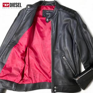 極美品●DIESEL レザー ジャケット シングル ライダース ディーゼル 羊革 シープスキン キルティング ブラック 黒 赤 S-Mサイズ