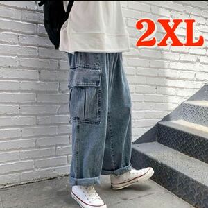 ワイドカーゴパンツ ブルー 2XL ウォッシュド デニム 男女兼用 ストリート