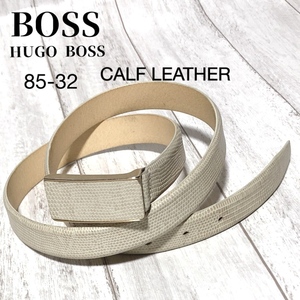 BOSS HUGO BOSS 型押しカーフレザーベルト ヒューゴボス バックル アイボリー 85