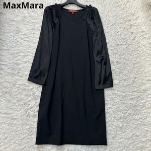 MaxMara STUDIO マックスマーラ 袖シルク フリル ワンピース フォーマル 40 ロング丈 大きいサイズ L相当 ブラック 黒 入学式 卒業式 式典