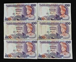 【USED品】 マレーシアリンギット旧紙幣 100リンギット×6枚 10リンギット×4枚 5リンギット×1枚 計645リンギット