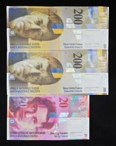 【USED品】 スイスフラン 旧紙幣 / 200フラン札 2枚 20フラン札 1枚　計420スイスフラン