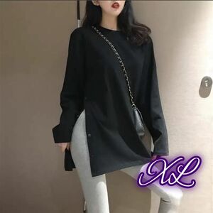 長袖　サイドスリット　Tカットソー　シャツ　黒　シンプル　ボタン付き　XL