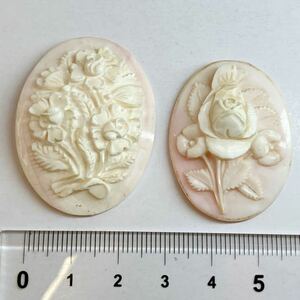 ［コンクシェルカメオ2点おまとめ］F 19.6g 98ct ルース 裸石 彫刻 flower 花 CAMEO ジュエリー アンティーク DA0