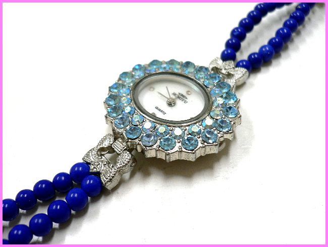 ◆Bracelet en pierre naturelle destockage◆Perle de 4 mm Howlite Lapis Lazuli 2 rangées x bracelet avec cadran en strass Montre/Montre originale faite à la main, bracelet, Bracelets, bracelet, autres