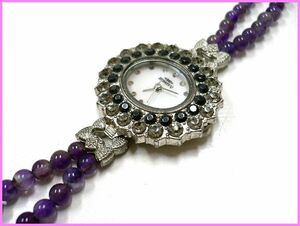 Art hand Auction ◆Natural stone bracelet clearance sale◆4mm amethyst double row x rhinestone face bracelet watch/original watch handmade, bracelet, Bangles, bracelet, others