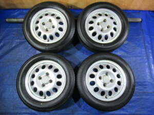 激安即決！ ENKEI スズキ純正 13-4B 4H/100 ET45 + BRIDGESTONE 155/65R13 中古4本！ワゴンR ラパン アルト セルボ パレット等！T008115