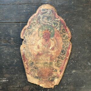 古い仏画　蓮弁形　紙　彩色　チベット