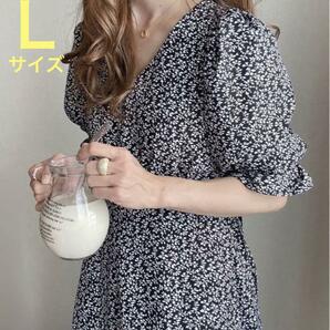 JUNOAH ワンピース 花柄 ボリュームスリーブマキシ丈ワンピース Vネック　花柄ワンピ　ロング　マキシ丈　春コーデ　春夏