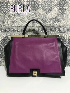 【美品】FURLA フルラ コルティナ レザー ハンドバッグ パープル 黒