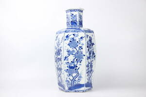 F109 中国美術　青花 染付　花鳥　蝶々　花瓶　大清康熙年製　高約43cm　唐物 時代物