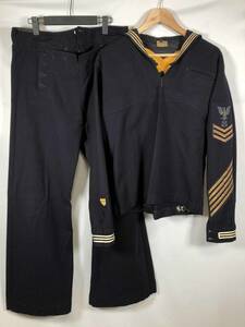 実物　アメリカ軍　アメリカ海軍　CPO　セイラー　水兵制服　上下セット　刺繍入り　中古品　年代不明　宝珠亭