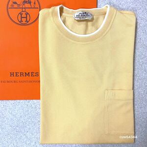 完全正規品 2024現行 新品未使用 XL Hermes エルメス サドルステッチ Tシャツ Hロゴ ポケット ライトイエロー バナナ ブランドタグ