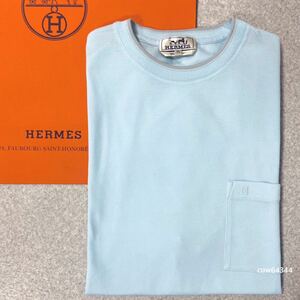  complete regular goods 2024 present new goods unused XL Hermes Hermes saddle stitch short sleeves T-shirt H Logo pocket light blue brand tag 