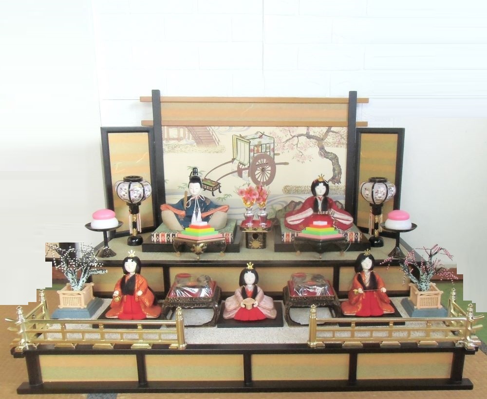 Хина куклы, деревянные куклы, двухуровневый дисплей, принц и принцесса, три придворные дамы, античный, 1970-е годы, время года, Ежегодные мероприятия, Фестиваль кукол, Хина Куклы