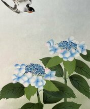 ［真作］春月 作「燕 紫陽花」絹本 花鳥図 鳥獣 日本画 絵画 日本美術 掛軸 P022011_画像8