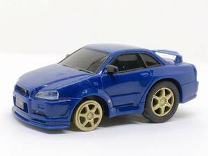 つ15★ドライブタウン　プルバックカー　ミニカー　ニッサン　日産　スカイライン　GT-R　R34　ブルー　青　全長約107mm　パーツ欠損有