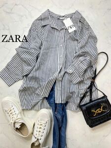 ZARA ザラ★タグ付き未使用★大人可愛い★ふんわり オーバーサイズ ストライプ シャツ バックプリーツ★グレー×白 Sサイズ yz0230