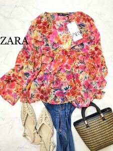 ZARA ザラ★タグ付き未使用★大人可愛い★鮮やか カラフル ぼかしフラワー花柄 フリルティアード シアーブラウス トップス★Mサイズ yz0232