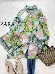 ZARA ザラ★タグ付き未使用★大人素敵★ゆったり パッチワーク風 アンティークフラワー花柄 シャツ ブラウス★グリーン系 Mサイズ yz0247