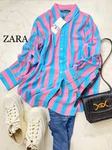 ZARA ザラ★タグ付き未使用★大人可愛い★ゆったり オーバーサイズ リネン混 ストライプ シャツ ブラウス★ピンク×水色 XSサイズ yz0285_画像1