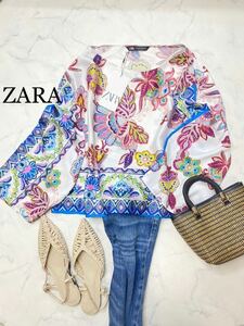 ZARA ザラ★タグ付き未使用★大人素敵★ボートネック オリエンタル フラワープリント 花柄 ブラウス サテン トップス★Mサイズ yz0292