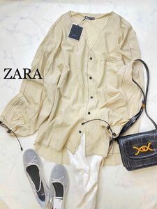 ZARA ザラ★タグ付き未使用★大人素敵★ゆったりオーバーサイズ ピンストライプ ステッチ×ドロスト シャツ ブラウス ★XSサイズ yz02110