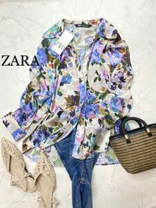 ZARA ザラ★タグ付き未使用★大人素敵★とろみ素材 アンティークフラワープリント シャツ 花柄 ブラウス サテン 総柄★Sサイズ yz0305