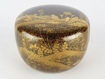 【都屋】7　石川鷹伯 輪島塗「春野内梨子地 平棗」共箱 高さ 約6cm 幅 約8.5cm 木製 棗 香合 茶碗 茶道具 加賀蒔絵師_画像2