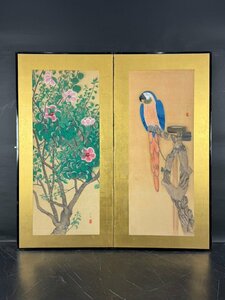 【都屋】224t　紫水 作 オウム 花木図 二枚折 屏風 高さ 約173cm 絹本肉筆 花鳥図 日本画