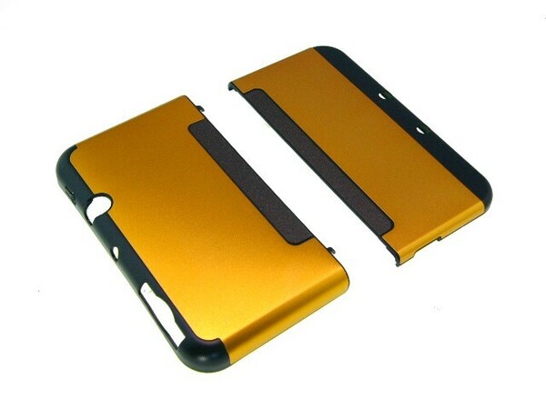 new3DSLL保護ツートンカラープラxアルミ収納ケースカバー黄金新品