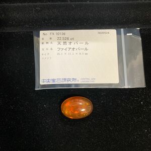 天然オパール ファイアオパール 22.526ct 天然石 ルース 裸石 中央宝石研究所 25.1×17.1×9.3mm