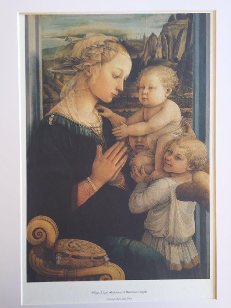 [意大利制造] 菲利波·利皮 圣母子与两个天使 版画 裱框尺寸 44.1 x 33.8 cm 绘画 有不同图案可选 可换成白色画框 文艺复兴, 古董, 收藏, 印刷材料, 其他的