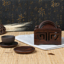 茶托 コースター 中国茶 6枚セット 透かし柄のホルダー付き 木製 (無地, 丸型)_画像3