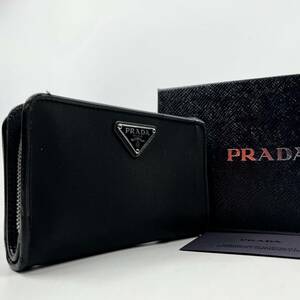 1円〜【現行】 PRADA プラダ 二つ折り財布 L字ファフナー ブラック 黒 ナイロン サフィアーノレザー トライアングルロゴ コンパクト