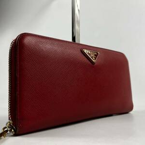 1円〜【入手困難品】 PRADA プラダ ピンクレッド ラウンドファスナー 長財布 三角ロゴ サフィアーノレザー レディース ゴールド ウォレット