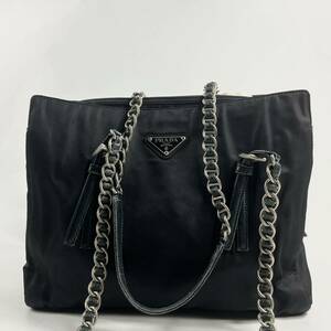 1円〜【入手困難品】 PRADA プラダ チェーン ショルダーバッグ ダークネイビー 肩掛け トートバッグ 三角ロゴ ナイロン レザー 鞄