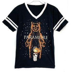 PARAMOREパラモアVネックTシャツアニマルくま熊 雪ブラックヴィンテージ