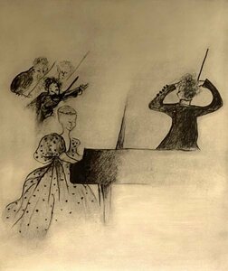 【真作】フジ子・ヘミング「Chopin Piano Consert」2004年 銅版画 ED 143 /150 直筆サイン 作品証明シール / 額装 約10号/フジコヘミング