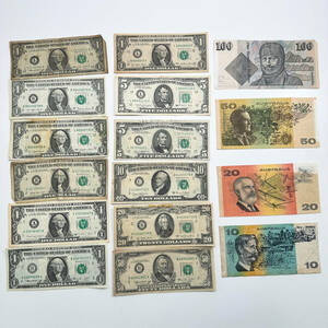 旧紙幣 外国紙幣 アメリカ 1ドル 5ドル 10ドル 20ドル 50ドル 計97ドル / オーストラリア 100ドル 50ドル 20ドル 10ドル 計180ドル 外国銭