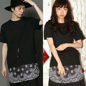 PUBLIC EYES バンダナ柄 Tシャツ レイヤード サイドジップ 黒 Lサイズ カットソー ドッキングTシャツ サイドZIP