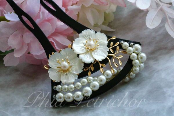 髪飾り 桜 かんざし バチ型 螺鈿 真珠母貝 パール 簪