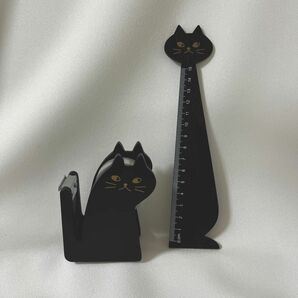 匿名配送未使用品★猫好きの方へ！可愛い黒猫のテープカッターと定規のセット ネコグッズ猫グッズ黒猫マステカッタールーラーかわいい