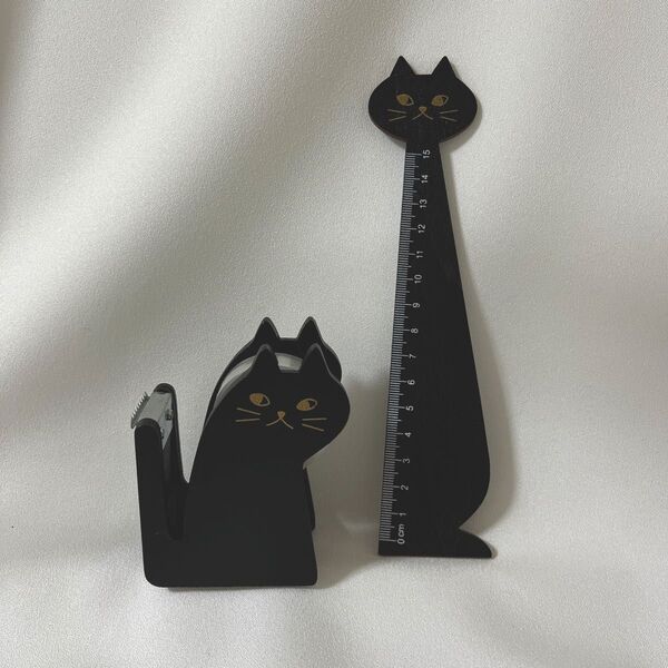 匿名配送未使用品★猫好きの方へ!可愛い黒猫のテープカッターと定規のセット ネコグッズ猫グッズ黒猫マステカッタールーラーかわいい