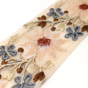インド刺繍リボン 約47mm 花 ピンクグレー