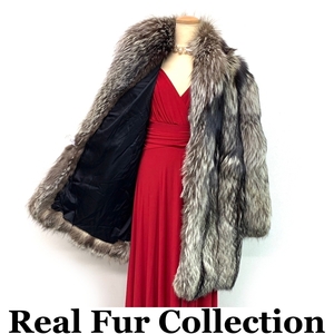 毛皮コート シルバーフォックス FOX リアルファー realfur 本物毛皮 ミディアム丈 着丈90cm 裾周囲143cm club藤(N757)