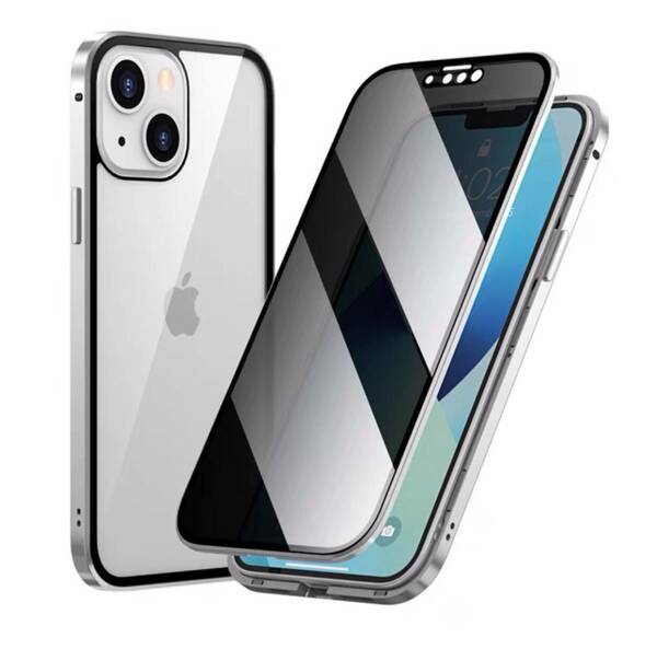 iPhone 13mini シルバー 覗き見防止 両面強化ガラス 全面保護 アルミ合金 磁気吸着 耐衝撃 iPhone X S 11 12 13 14 15 Pro max Plus ケース