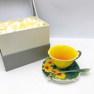 未使用 Meissen マイセン Magnificence Flower 華麗なる花 ひまわり 黄色 ティー コーヒーカップ ソーサ スプーン 3点セット【NK5297】