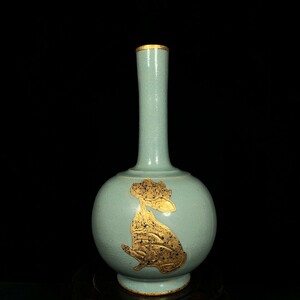 【超珍館蔵】宋 古陶瓷品 汝窯 包金 長頸瓶 置物 古賞物 古美術品 稀少珍蔵品